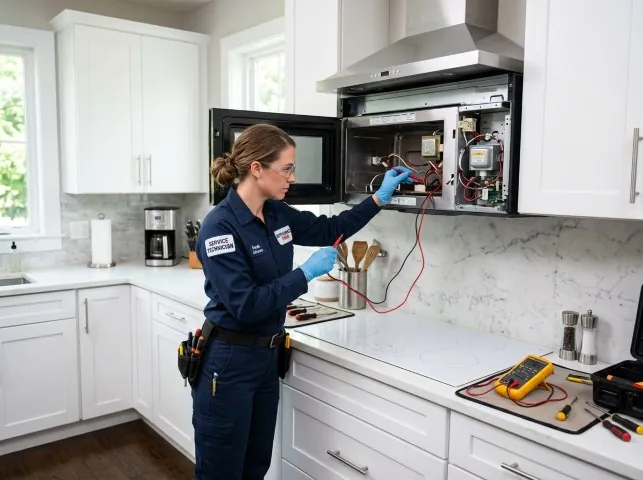 Appliance Repair Hero technician testing an over-the-range microwave in a Barnstead, NH kitchen